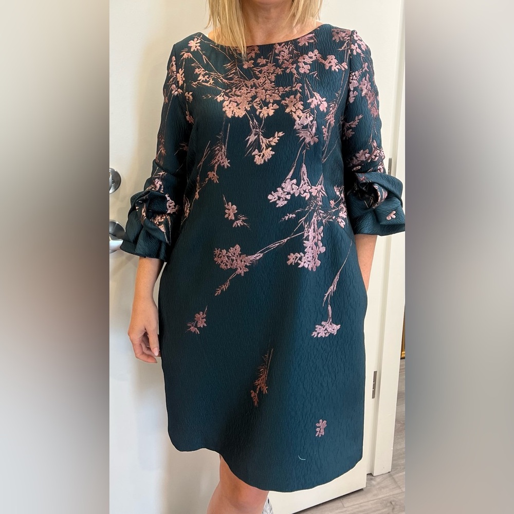 Green Sheath Dress with Cuffed 3/4 Sleeves for Wedding Guest